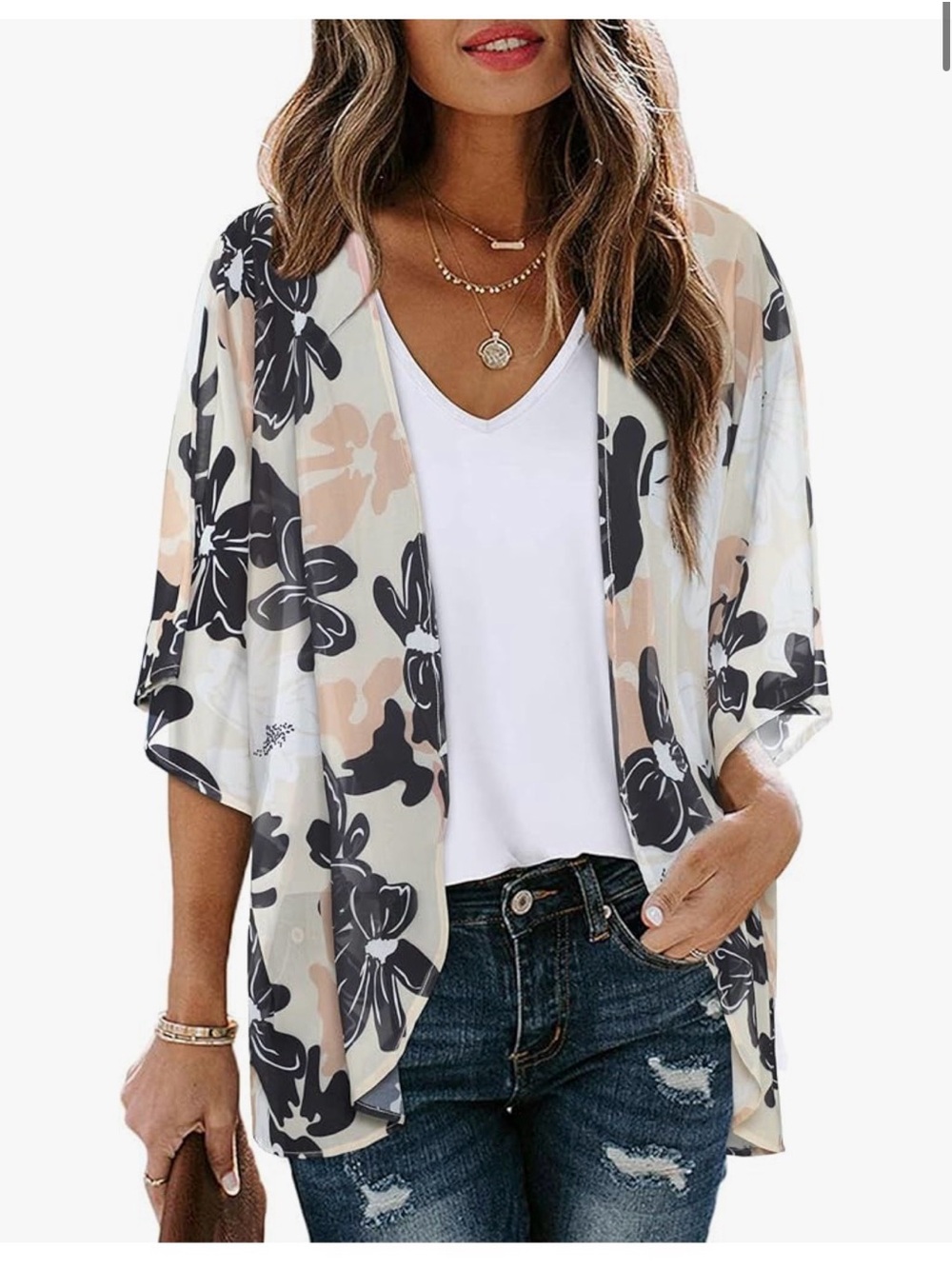 NWOT ChicGal Floral Open-Front Kimono Cardigan in Black, Cream & Blush